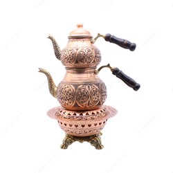 Copperdone Handmade Fine Hand Engraved Chisel Work Turkish Copper Teapot Tea Kettle and Copper Teapot Warmer Set Antique Copper Color MODEL 6 - 1