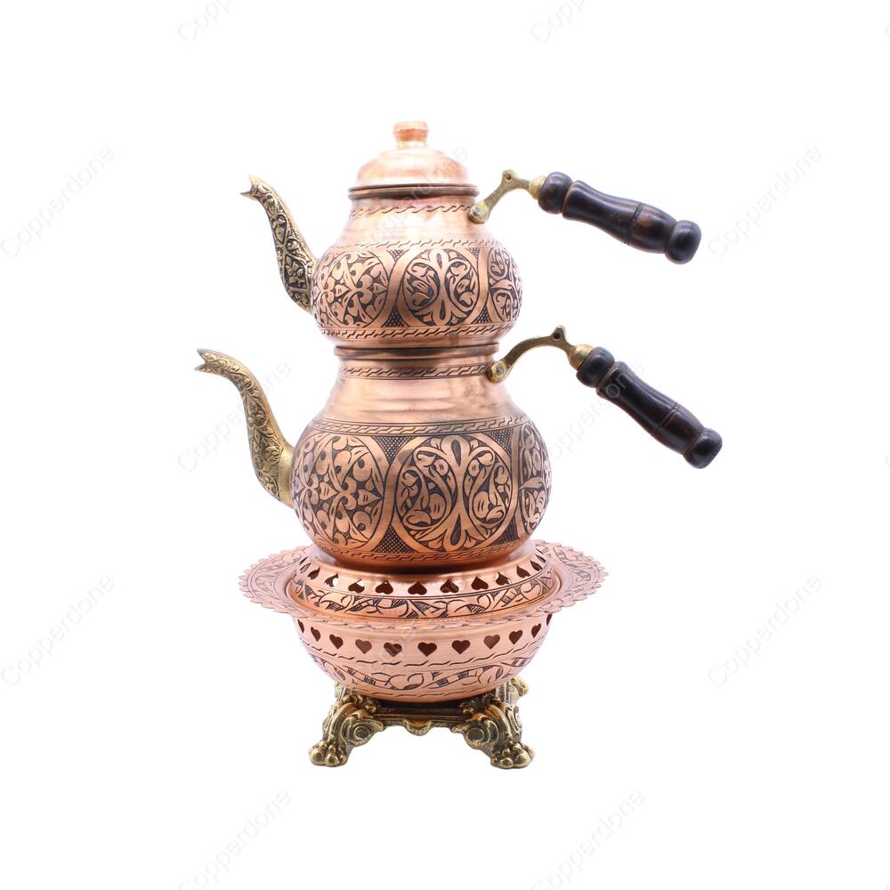 Copperdone Handmade Fine Hand Engraved Chisel Work Turkish Copper Teapot Tea Kettle and Copper Teapot Warmer Set Antique Copper Color MODEL 6 - 1