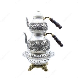Copperdone Handmade Fine Hand Engraved Chisel Work Turkish Copper Teapot Tea Kettle and Copper Teapot Warmer Set Antique Silver Color MODEL 1 - 1
