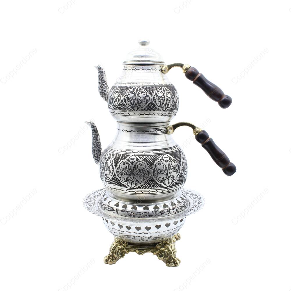 Copperdone Handmade Fine Hand Engraved Chisel Work Turkish Copper Teapot Tea Kettle and Copper Teapot Warmer Set Antique Silver Color MODEL 1 - 1