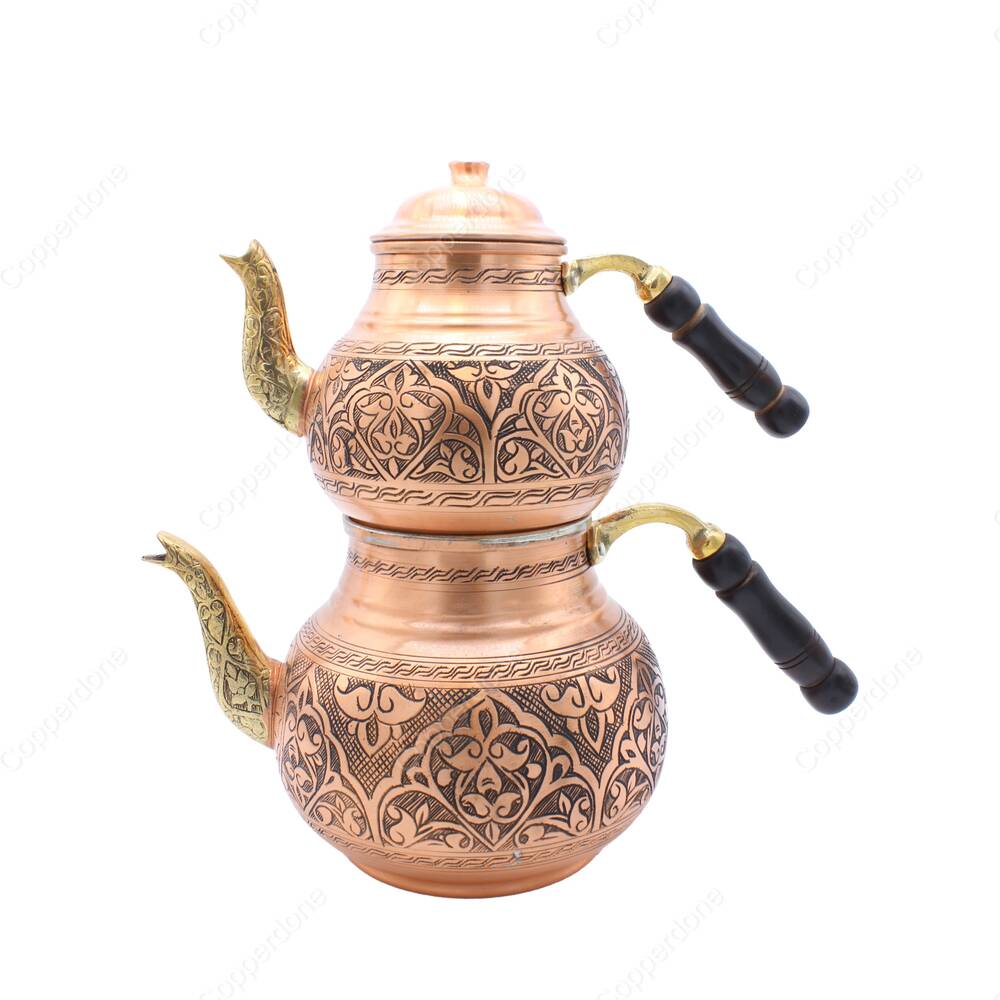 Copperdone Handmade Fine Hand Engraved Chisel Work Turkish Copper Teapot Tea Kettle Antique Copper Color MODEL 6 - 1