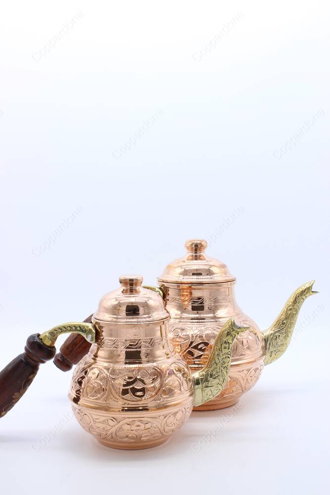 Copperdone Handmade Fine Hand Engraved Chisel Work Turkish Copper Teapot Tea Kettle Shiny Copper Color Small Size - 4