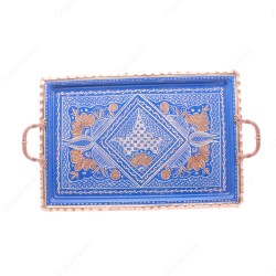 Copperdone Handmade Hand Crafted Rectangular Shape Copper Turkish Tea Coffee Serving Tray Blue Color 39x26cm 15.60x10.40in - COPPERDONE
