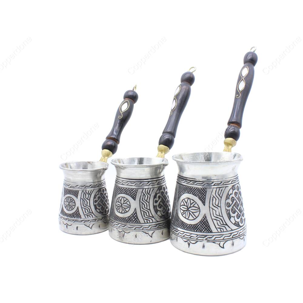 Copperdone Handmade Hand Engraved Coffee Maker Pot With Wooden Handle Cezve Ibrik Briki Turkish Greek Arabic Coffee Maker Set Antique Silver Color - 2