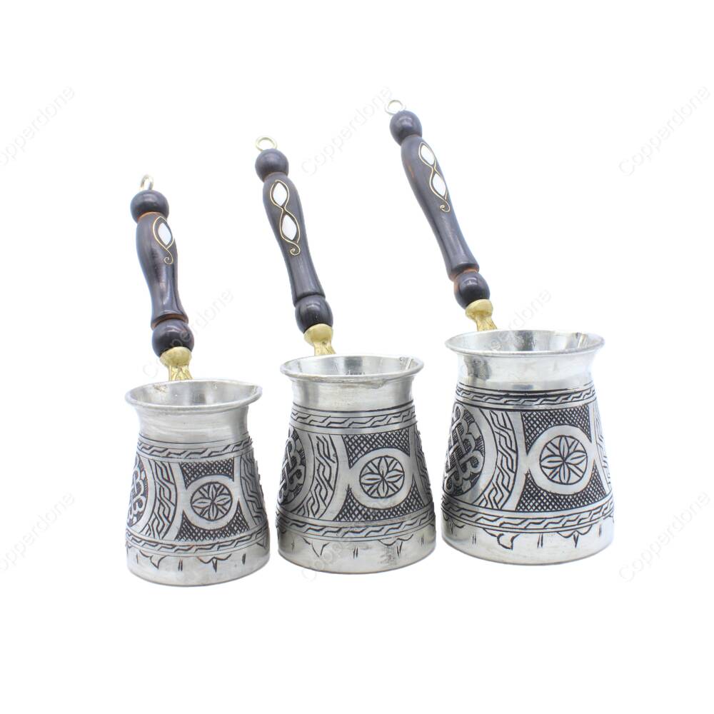 Copperdone Handmade Hand Engraved Coffee Maker Pot With Wooden Handle Cezve Ibrik Briki Turkish Greek Arabic Coffee Maker Set Antique Silver Color - 1