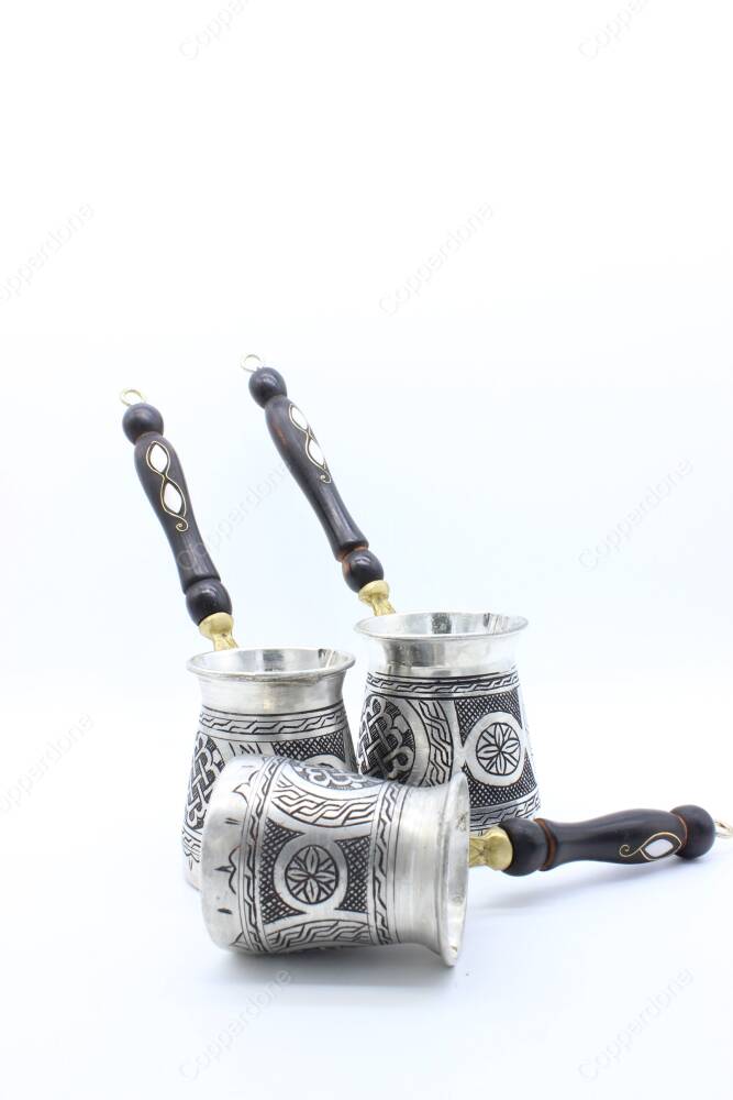 Copperdone Handmade Hand Engraved Coffee Maker Pot With Wooden Handle Cezve Ibrik Briki Turkish Greek Arabic Coffee Maker Set Antique Silver Color - 3