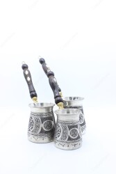 Copperdone Handmade Hand Engraved Coffee Maker Pot With Wooden Handle Cezve Ibrik Briki Turkish Greek Arabic Coffee Maker Set Antique Silver Color - 4