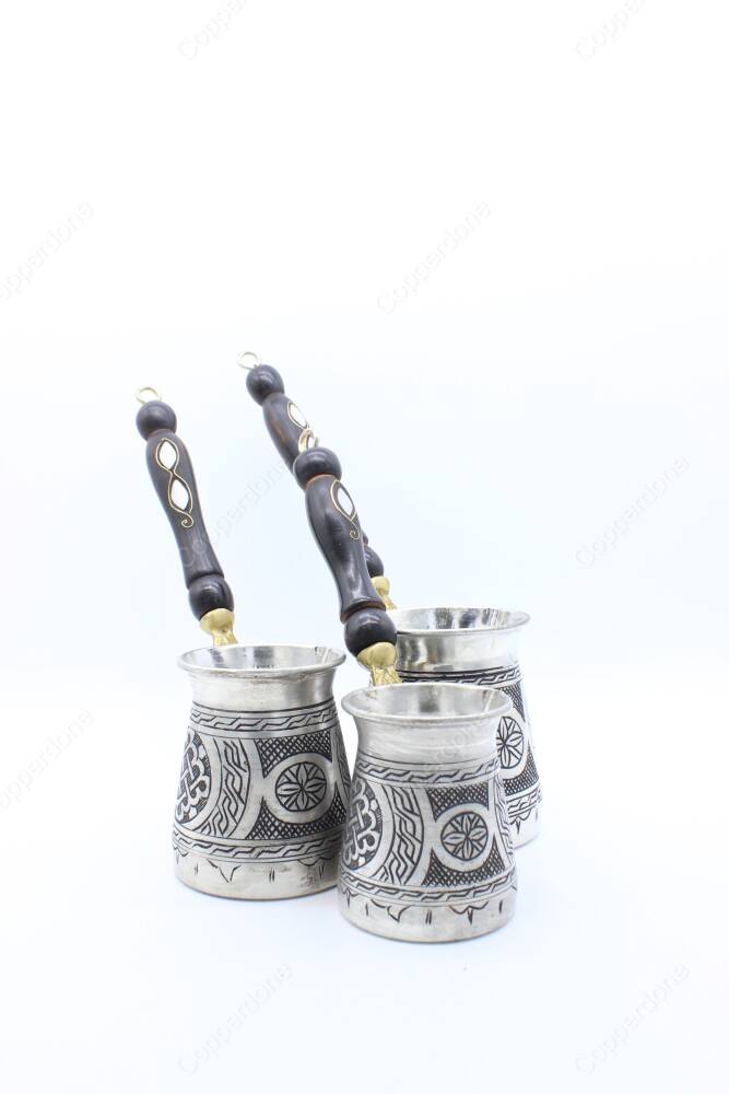 Copperdone Handmade Hand Engraved Coffee Maker Pot With Wooden Handle Cezve Ibrik Briki Turkish Greek Arabic Coffee Maker Set Antique Silver Color - 4