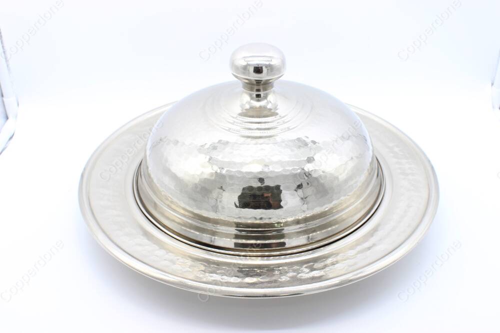 Copperdone Handmade Hand hammered Round Shape Copper Serving Plate Platter With Lid Sahan Silver Color - 3