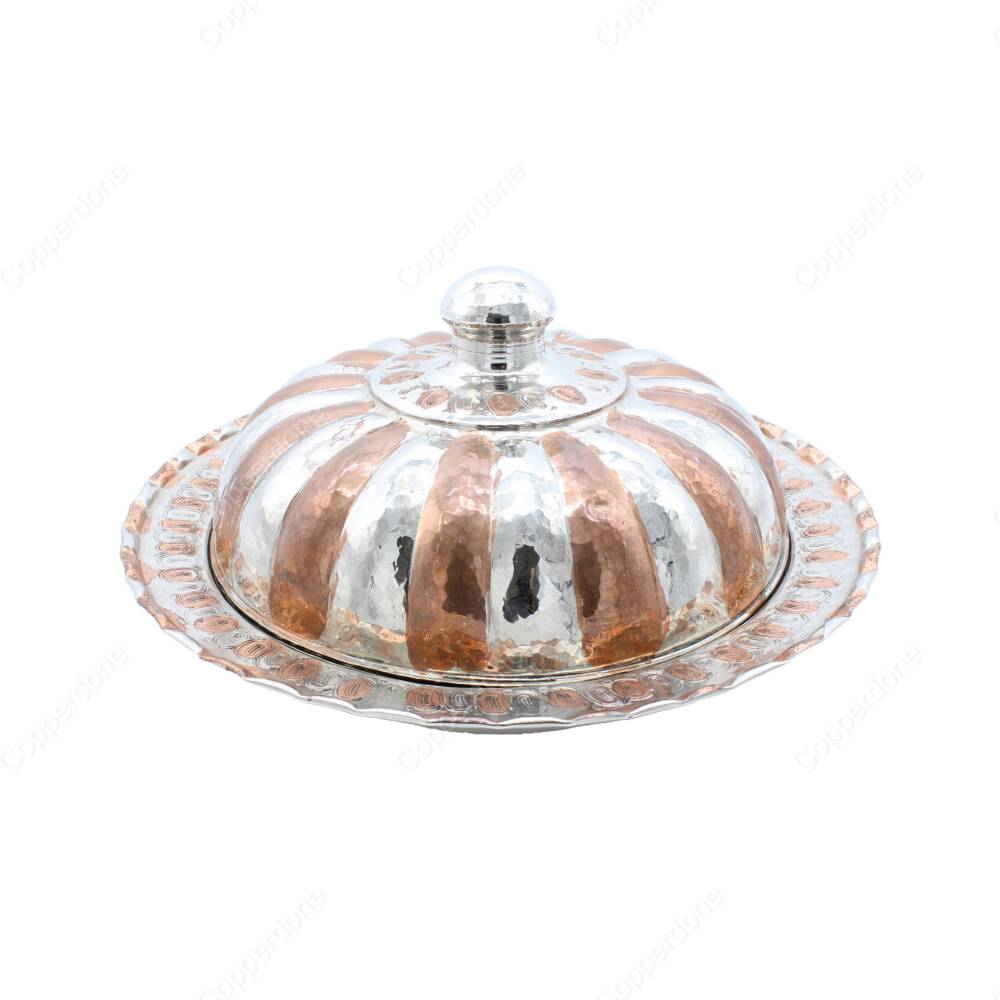 Copperdone Handmade Hand hammered Round Shape Copper Serving Plate Platter With Lid Sahan Silver Copper Color - 2