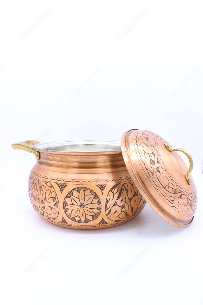 Copperdone Handmade Handcrafted Chisel Work Round Shape Vintage Copper Cooking Pot Cookware With Brass Handle Antic Copper Color - 3
