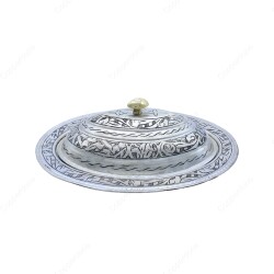 Copperdone Handmade Handcrafted Chisel Work Turkish Copper Serving Plate Platter With Lid For Kitchen Antique Silver Color - 1