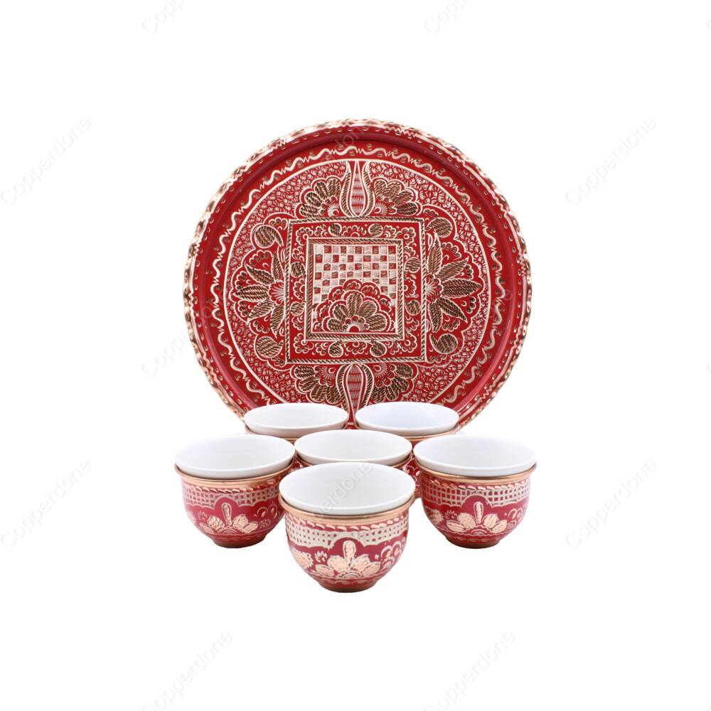 Copperdone Handmade Handcrafted Copper Turkish Arabic Coffee Mırra Serving Set for 6 People Red Color - 1