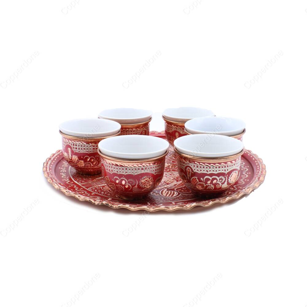 Copperdone Handmade Handcrafted Copper Turkish Arabic Coffee Mırra Serving Set for 6 People Red Color - 2