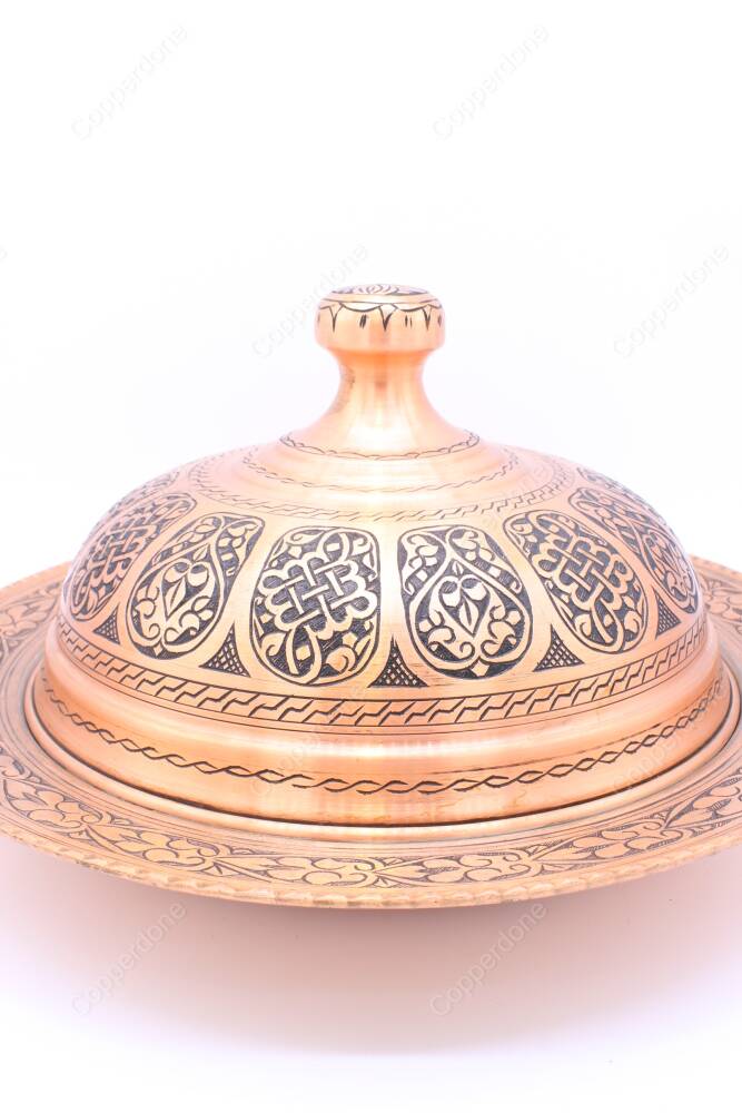 Copperdone Handmade Handcrafted Embossed Pattern Turkish Copper Round Shape Serving Plate Platter With Lid For Kitchen Antique Copper Color - 5